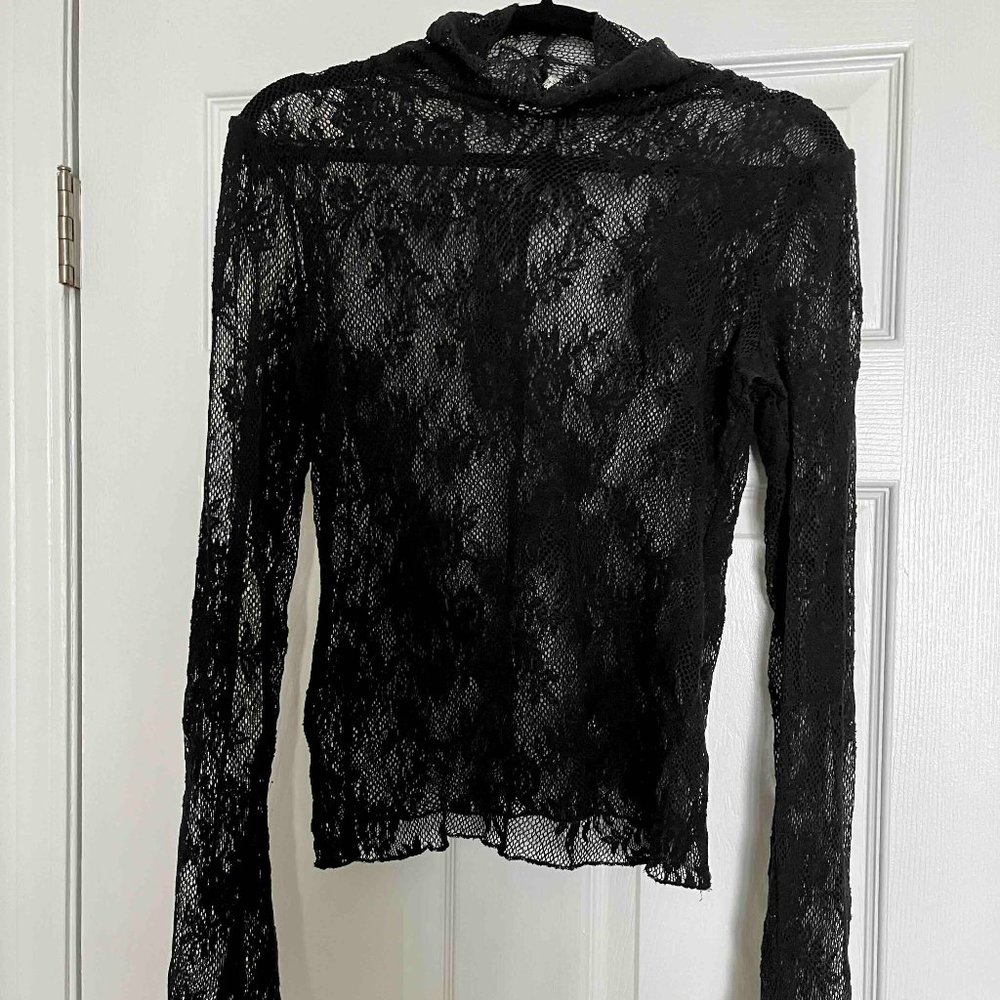 Free People Black Mesh Layering Turtleneck Top